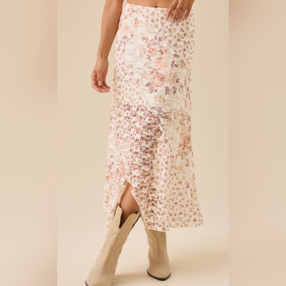 Altar'd State Skirt NWT Size L Cream Red Midi Lace Details Boho Pull On Floral - Picture 4 of 9